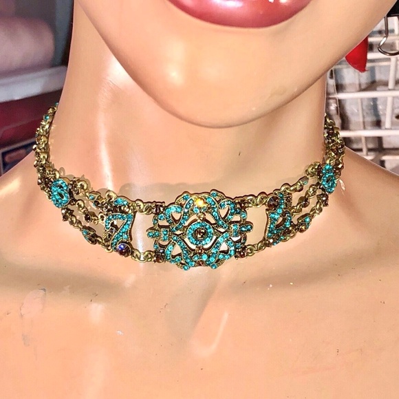 2003~VCLM Noblesse Austrian Crystal VTG Style Jade/Gold Choker Earrings Set NOS - Picture 8 of 11